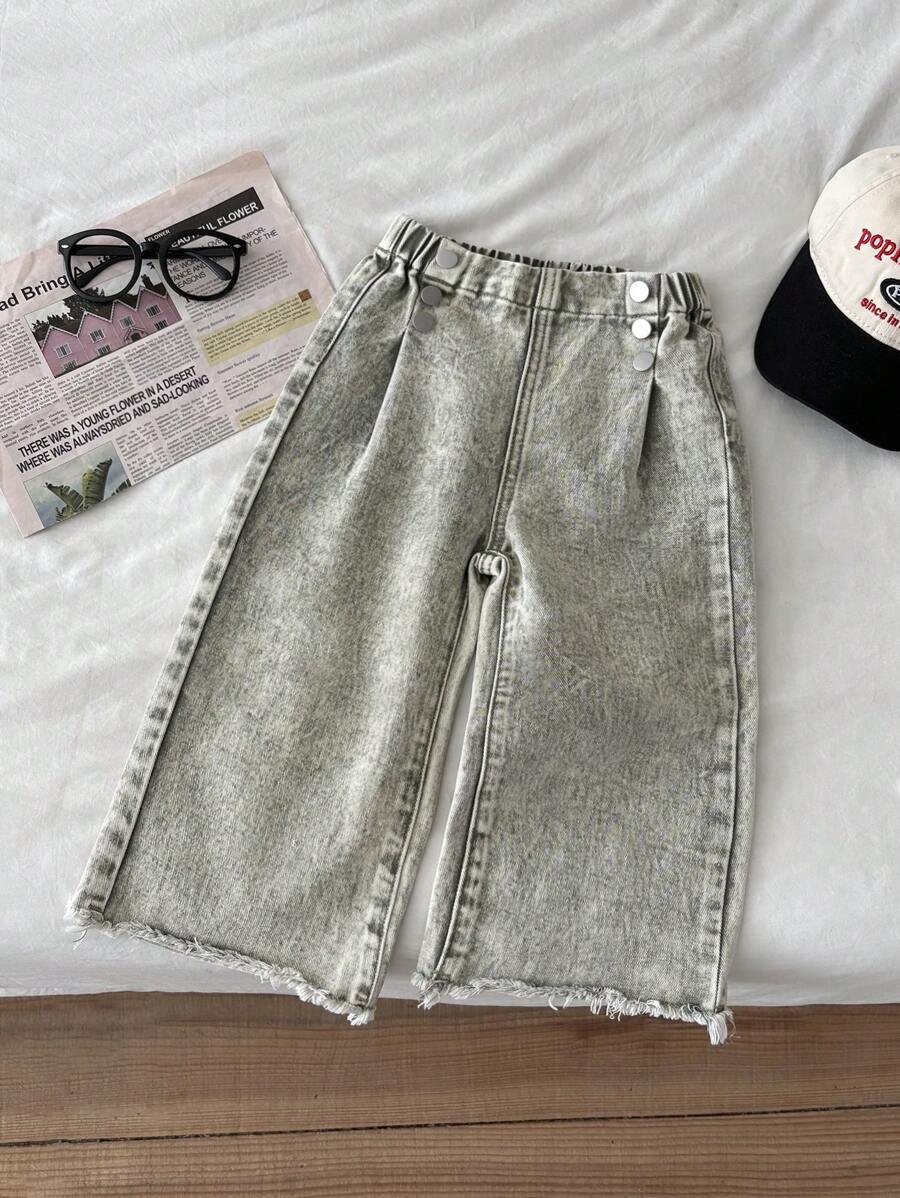 YOUNG GIRL Casual All-Match Everyday Versatile Button Front Detail Elastic Waist Raw Hem Wide Leg Jeans - Army Green - View 1