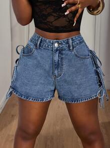 Slaydiva 女士休闲牛仔系带镂空口袋短裤 - 藍色 - 查看 3