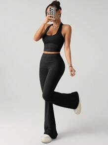 SHEIN ICON Bộ 2 món cho nữ, áo hở lưng màu xám và quần dài, trang phục thể thao cơ bản thường ngày - màu đen - Xem 5