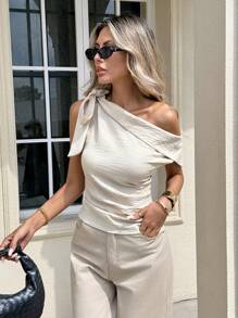 Serisse 女式夏季纯色不对称领口扭纹设计时尚衬衫 - 杏色 - 查看 6