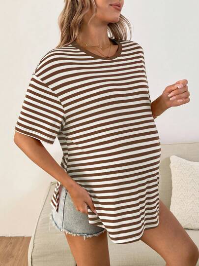 SHEIN Pregnant Women's Summer Striped Crew Neck Short Sleeve Casual T-Shirt