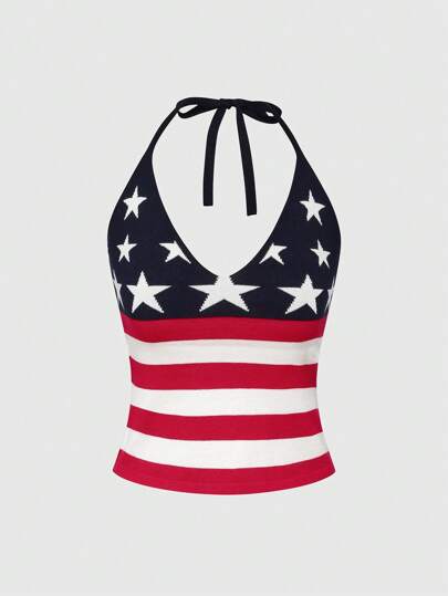 J-Fashion Women 4th Of July Cute & Comfortable 90s Millennium American Flag Printed Halter Knit Top