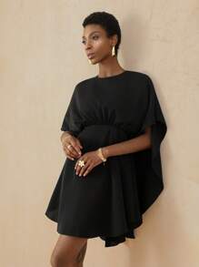 Vesra 女式圆领短袖蝙蝠腰迷你连衣裙，梭织面料，优雅修身休闲百搭连衣裙