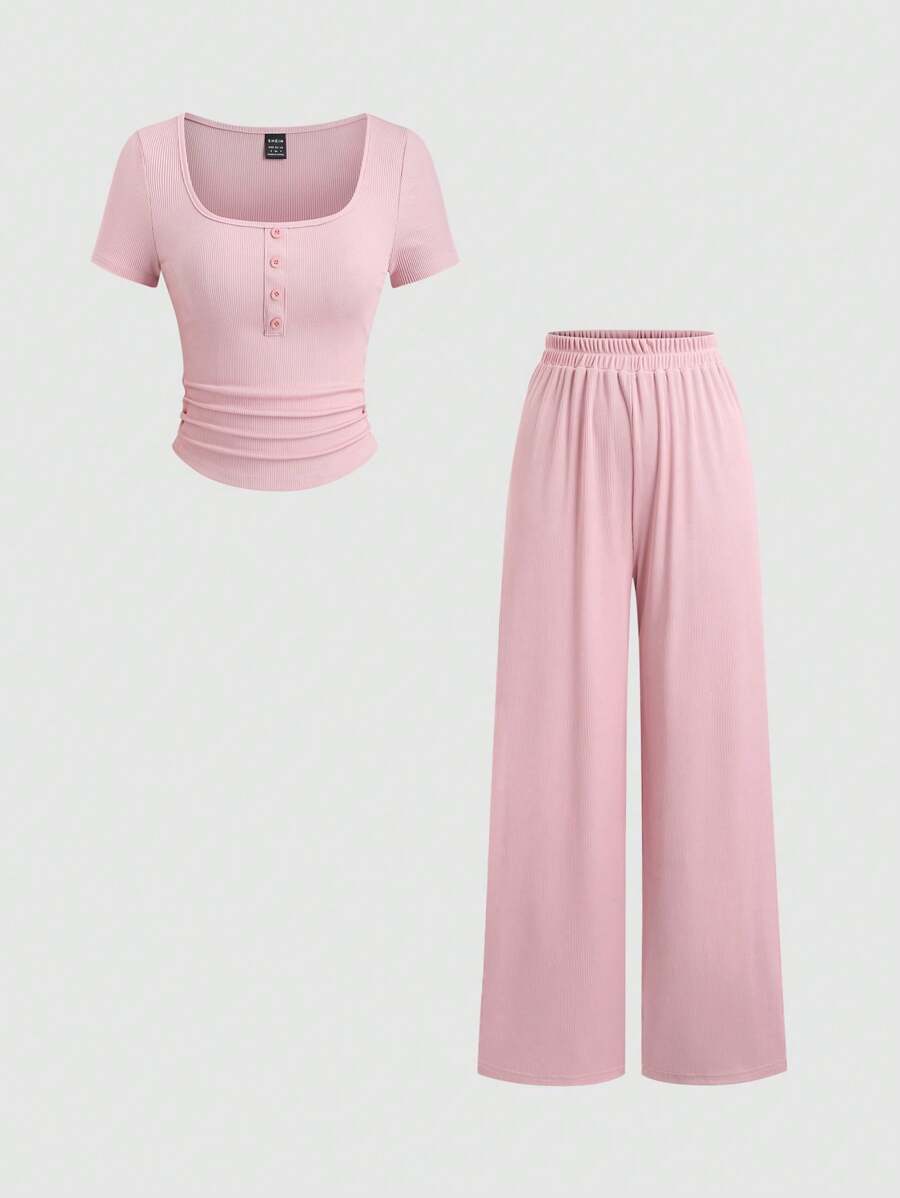 Sweetra Set de 2 piezas de pantalones rectos de cintura elástica y blusa de manga corta con botones de punto acanalado informal a juego para mujer - Rosa - Ver 1