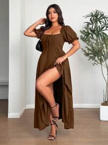 SHEIN Holidaya Midi Kleid für Damen in Große Größen mit quadratischem Ausschnitt, Puffärmeln und offenem Saum, einfarbig für den Sommer