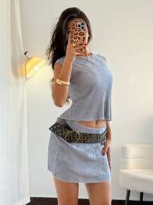 SHEIN Unity 2pcs Women Casual Pleated Sleeveless Crop Top & Mini Skirt Set - Dark Grey - View 4