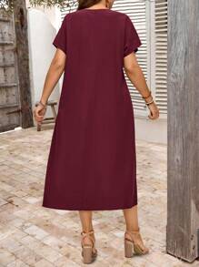 EMERY ROSE 大码女式海军蓝短袖休闲连衣裙，夏季 - 酒紅色 - 查看 2