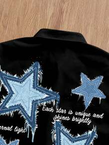 Manfinity Joysei Loose Retro Style Denim Patchwork Star Print Black Loose Cropped Shirt Men Cropped Shirts - Black - View 4