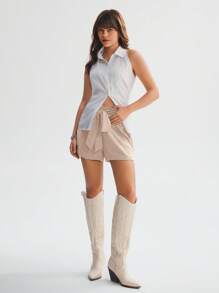 SHEIN LUNE 女式松紧腰蝴蝶结系带休闲短裤 - 卡其色 - 查看 2