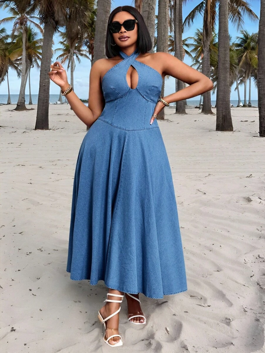 Slaydiva Women Plus Size Dark Blue Denim Dress,Hollow-Out Fitted Casual Summer Vacation Beach Holiday Sundress,Boho Long Autumn Wedding Guest Formal Dresses - Blue - View 1
