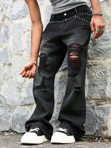 Manfinity EMRG Pantalones vaqueros informales de hombre con remaches, deshilachados y bajo desgastado