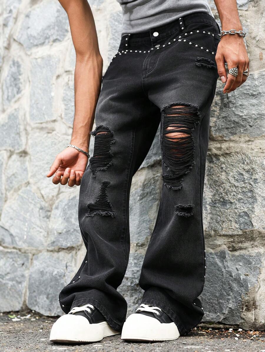 Manfinity EMRG Pantalones vaqueros informales de hombre con remaches, deshilachados y bajo desgastado