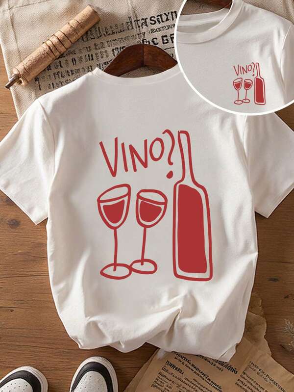 INAWLY Camiseta de manga corta casual con texto de gráfico de vaso y botella de cóctel retro para mujer