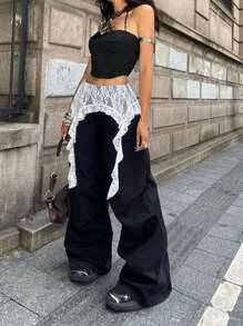 Coolane 女式夏季复古街头风 Y2K 休闲演唱会蕾丝不对称荷叶边低腰宽松降落伞裤