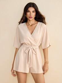 SHEIN Tall 夏季女士V领交叉裹腰系带花卉蕾丝纹理休闲度假连体裤 - 杏色 - 查看 7