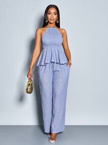 SOLERSUN Damen Urlaubs Lässig Leinengemisch Trägertop Dehnbar Schlank Wickelshirt Weite Hose Set, Top und Hose Set Damen Sommerkleidung, Damen Zwei-Teiler Outfit Urlaubsoutfit Frau Urlaubs Zwei-Teiler Set Boho Damenbekleidung