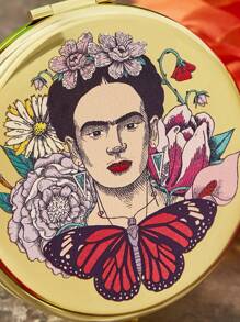 Frida Kahlo X SHEIN Runder goldener tragbarer Klappspiegel mit Frida Blumen- und Figurmotiv, regulärer Spiegel und 2-fach Vergrößerungsspiegel, hochauflösender Spiegel zum einfachen Schminken, geeignet für Studenten, Büroarbeiter, Frauen und Männer