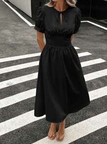 Siren Gaze 女士紧身胸衣和 A 字裙套装，前系带泡泡袖中长连衣裙，带口袋 - 黑色 - 查看 3