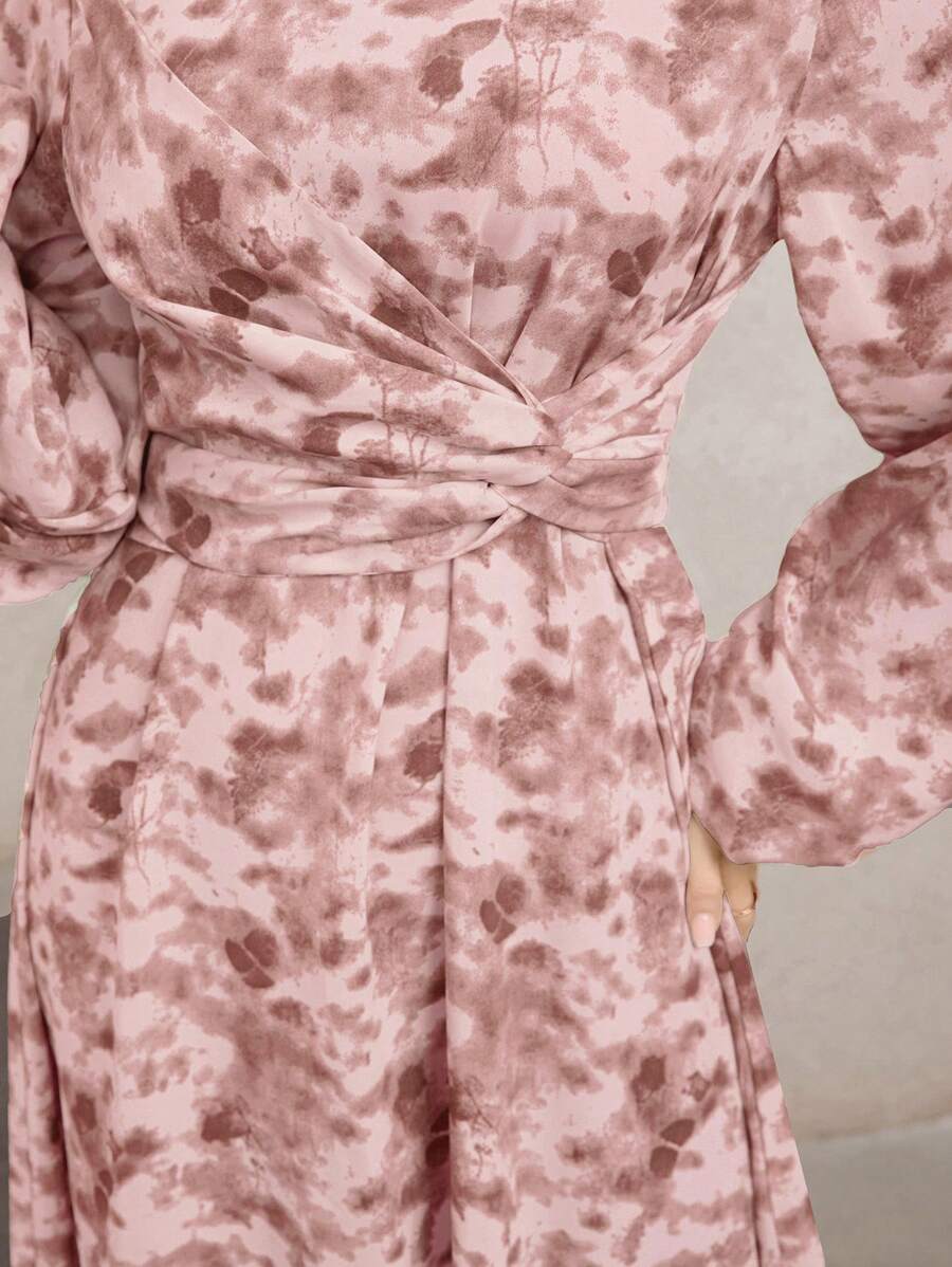 Veilorie 女式全身印花优雅圆领长袖连衣裙 - 粉色 - 查看 1