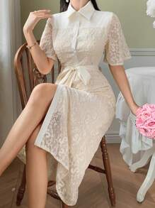 DAZY 女式蕾丝拼布直筒中长连衣裙（配腰带） - 杏色 - 查看 7