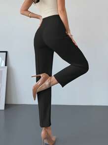 Firerie 女士优雅简约高腰口袋拉链修身九分裤，杏色，适合通勤、办公室和日常穿着 - 黑色 - 查看 2