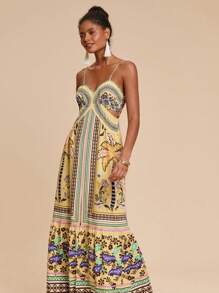 Travachic 女式露背镂空植物印花沙滩吊带裙，不对称前开叉短款 - 彩色 - 查看 6