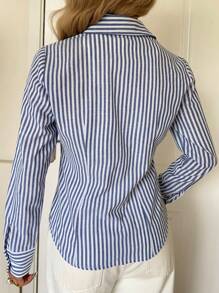 SHEIN EZwear 女式新款刺绣装饰条纹修身长袖衬衫 - 藍白色 - 查看 2