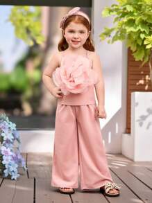 SHEIN 2pcs Young Girl Knitted 3D Flower Decor Camisole And Loose Fit Pants Set - Pink - View 1