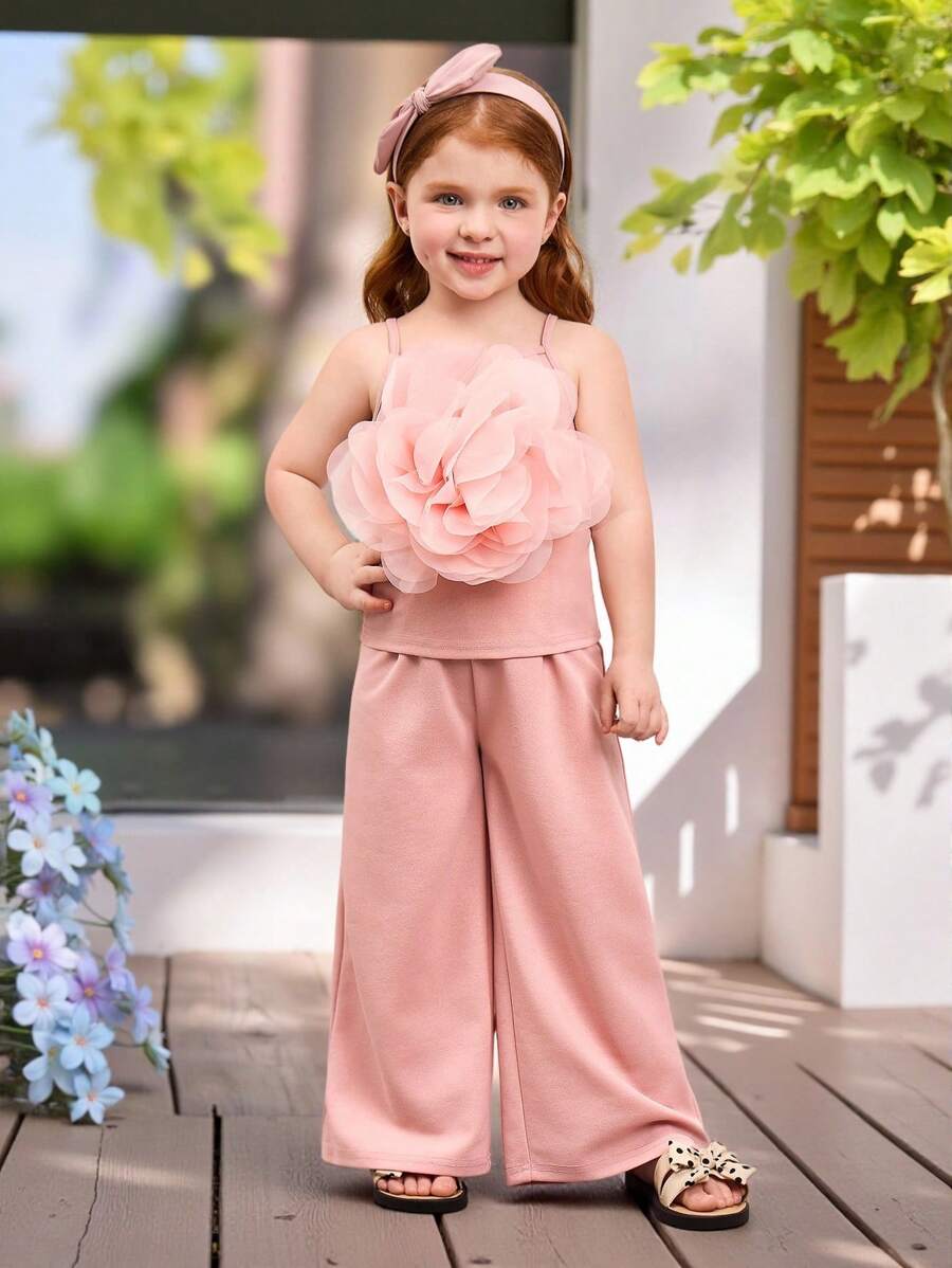 SHEIN 2pcs Young Girl Knitted 3D Flower Decor Camisole And Loose Fit Pants Set - Pink - View 1