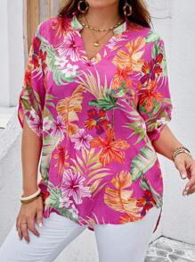 EMERY ROSE 大码女式热带植物印花V领卷袖衬衫 - 彩色 - 查看 3