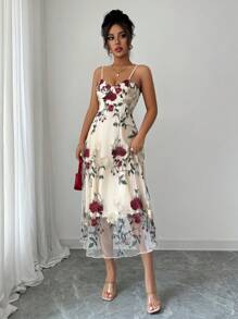 Elenzga 女士夏季度假连衣裙，网眼刺绣细肩带露背花卉印花无袖连衣裙 - 杏色 - 查看 5