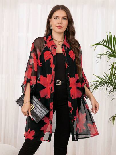 Reflora Plus Size Women Floral Print Ruffle Sleeve Long Shirt, Casual/Resort Style Valentine's Day