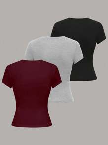 SHEIN Tall Women's Solid Color Round Neck Short Sleeve Fitted Casual T-Shirt, Summer - Multicolor - View 2