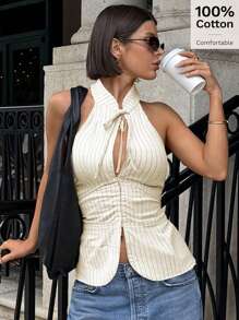 Siren Gaze Top ajustada tipo halter con cuello de lazo y calado, chaleco con abertura frontal para uso en exteriores para mujer