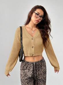 SHEIN PETITE White Lantern Sleeve Button Front Rib Knit Cardigan - Khaki - View 3