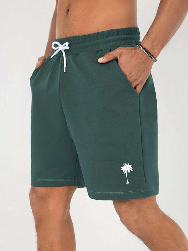 RueChic Pantaloni scurți din bumbac pentru bărbați, cu imprimeu tropical și șnur în talie