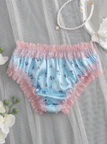 Romantic Countryside Style Satin Lace Ditsy Floral Bow Ruffle Trim Bloomer Briefs, Light Blue, For Teenage Girls Girl Panties For Kids Little Girls Underwear Silk Lace Bra - Baby Blue - View 2
