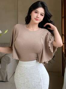 DAZY قميص تي شيرت نسائي بأكمام قصيرة مزين بالكشكشة والرقعات، ملابس أنيقة للمكتب، مناسبة للتنقل والحفلات والزفاف - كاكي - مشاهدة 7