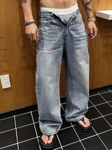 DAZY Jeans de hombre azul desgastado con pliegues, para primavera/verano