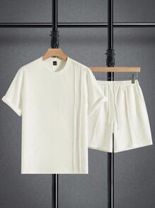 Manfinity CasualCool Completo estivo da uomo basic a tinta unita in maglia, collo rotondo, maniche corte, due pezzi, adatto per uso casual quotidiano, regalo adatto per marito e fidanzato