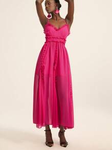 Femmeiva Solid Color Chiffon Spaghetti Strap Waist Flared Hem Vacation Style European And American Women's Ruffle Trim Sleeveless Dress - Hot Pink - View 4