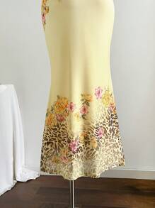 Soleia 度假蕾丝拼布豹纹花卉印花黄色露背鱼尾超长紧身连衣裙