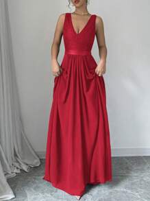 Elenzga Đầm dự tiệc Maxi không tay cổ chữ V, eo thắt eo, dáng chữ A thanh lịch và lãng mạn dành cho nữ - Đỏ - Xem 5