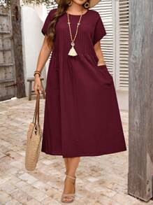 EMERY ROSE 大码女式海军蓝短袖休闲连衣裙，夏季 - 酒紅色 - 查看 5