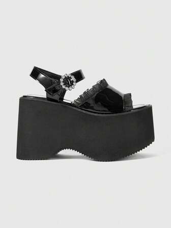 Goth Sandalias con plataforma y tacón, estilo gótico, con adorno de encaje y rhinestones, cómodas y de moda para mujer