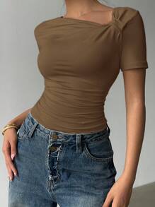 Siren Gaze Elegant Asymmetric Collar Short Sleeve T-Shirt, Summer New Design Slim Fit Casual Top For Women