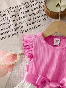 Vestito da ragazza carino per vacanza estiva, con maniche a cappuccio, floreale, lavorato a maglia, con motivo patchwork rosa