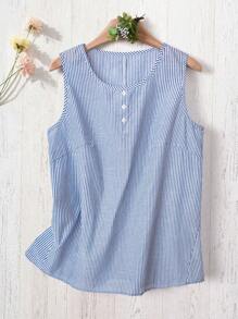 EMERY ROSE 大码女式蓝白条纹休闲圆领无袖背心，夏季度假 - 藍白色 - 查看 1
