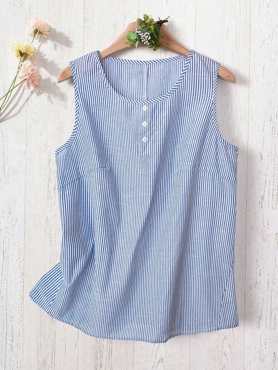 EMERY ROSE 大码女式蓝白条纹休闲圆领无袖背心，夏季度假 - 藍白色 - 查看 1