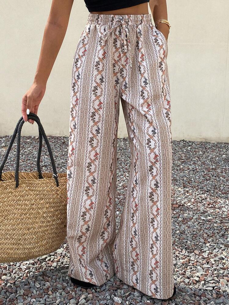 Plus Size Women's Loose Floral Print Wide Leg Pants With Elastic Waist, Casual Vacation Summer Trousers Boho
